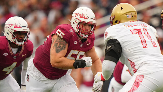 College Football: Florida State defensive lineman Braden Fiske (55) in action, rushes up field vs Boston College Jude Bowry (71) at Alumni Stadium. Chestnut Hill, MA 9/16/2023 CREDIT: Erick W. Rasco (Set Number: X164430)