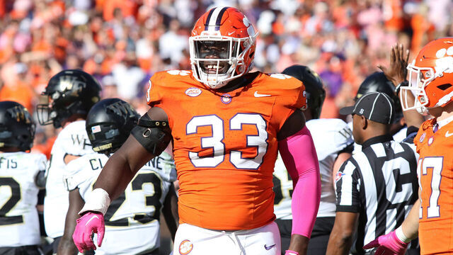 CLEMSON, SC - OCTOBER 07: Clemson Tigers defensive tackle Ruke Orhorhoro (33) during a college football game between the Wake Forest Demon Deacons on October 7, 2023 at Clemson Memorial Stadium in Clemson, S.C.