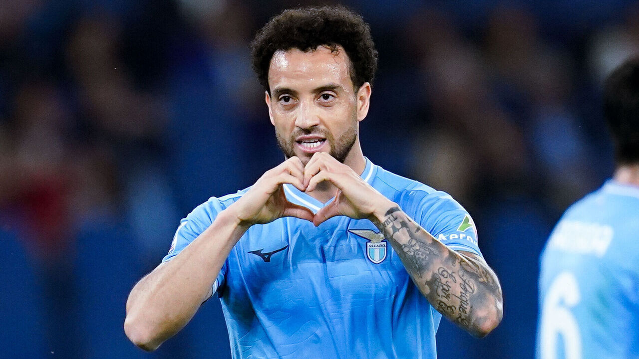 Felipe Anderson of SS Lazio celebrates after scoring third goal during the Serie A TIM match between SS Lazio and US Salernitana at Stadio Olimpico on April 12, 2024 in Rome, Italy.