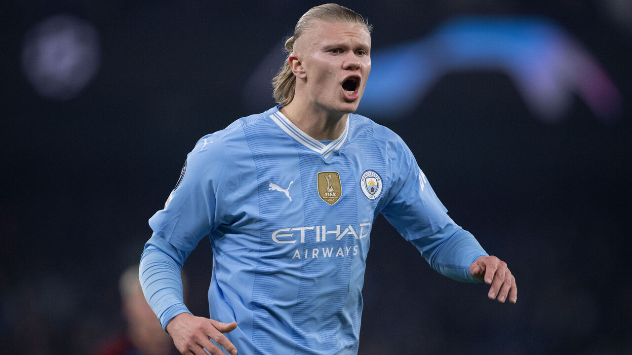 MANCHESTER, ENGLAND - MARCH 6: Erling Haaland of Manchester City in action during the UEFA Champions League 2023/24 round of 16 second leg match between Manchester City and F.C. Copenhagen at Etihad Stadium on March 6, 2024 in Manchester, England.