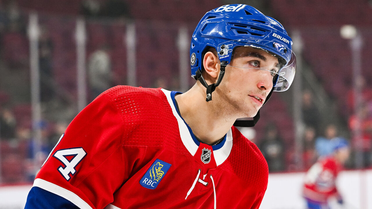 MONTREAL, QC - SEPTEMBER 25: Look on Montreal Canadiens defenseman Logan Mailloux (94) at warm-up before the New Jersey Devils versus the Montreal Canadiens preseason game on September 25, 2023, at Bell Centre in Montreal, QC