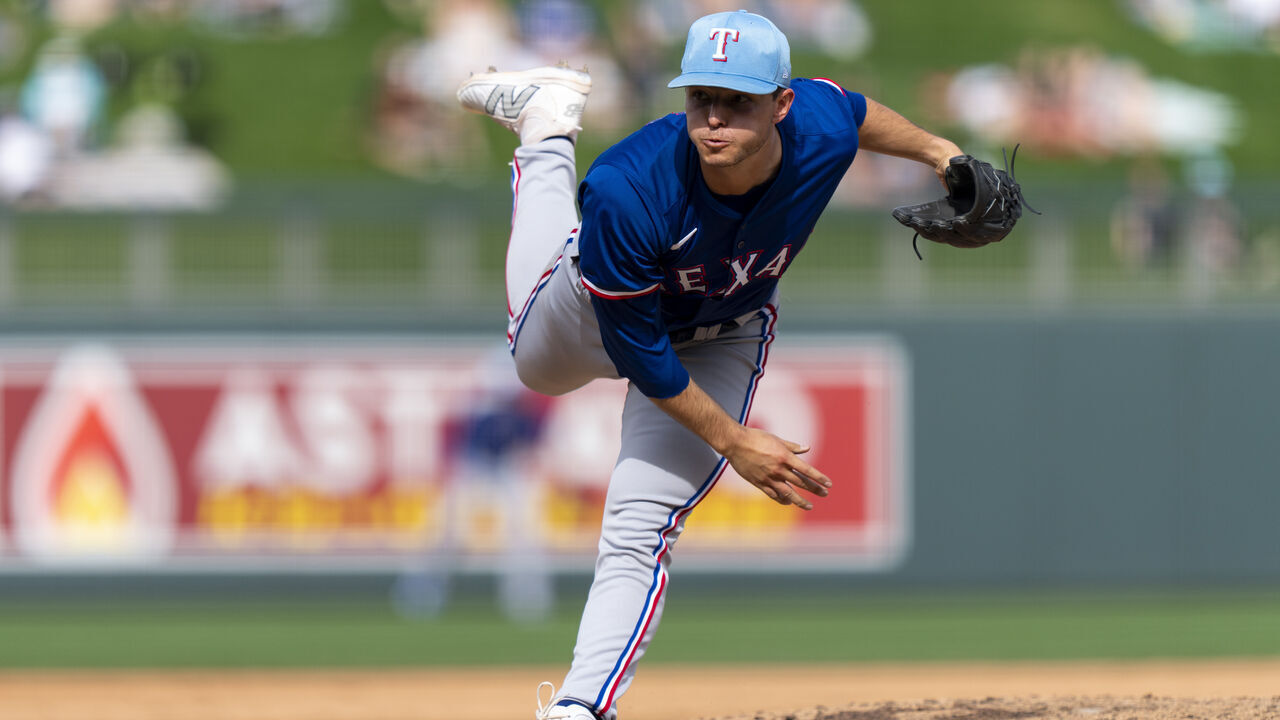 SCOTTSDALE, AZ - FEBRUARY 25: Jack Leiter #71 of the Texas Rangers pitches during a spring training game against the Arizona Diamondbacks at Salt River Fields on February 27, 2024 in Scottsdale, Arizona.