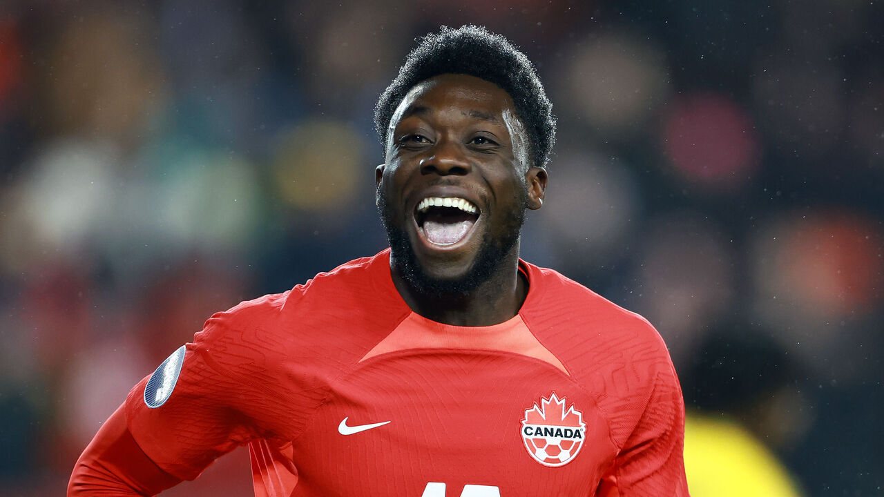 TORONTO, ON - NOVEMBER 21: Alphonso Davies #19 of Canada celebrates a goal during a CONCACAF Nations League match against Jamaica at BMO Field on November 21, 2023 in Toronto, Ontario, Canada.