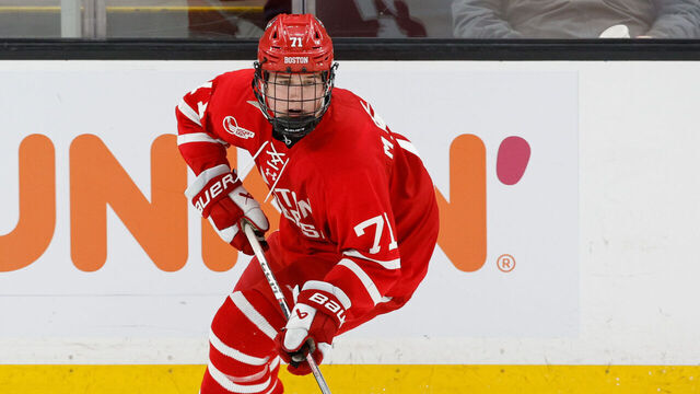 BOSTON, MASSACHUSETTS - MARCH 23: Macklin Celebrini #71 of the Boston University Terriers skates against the Boston College Eagles during the first period during the Hockey East Championship final at TD Garden on March 23, 2024 in Boston, Massachusetts. The Eagles won 6-2 and captured their first Hockey East title in twelve years.