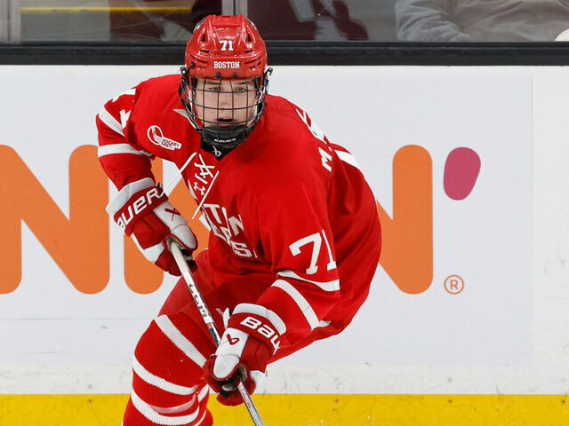 BOSTON, MASSACHUSETTS - MARCH 23: Macklin Celebrini #71 of the Boston University Terriers skates against the Boston College Eagles during the first period during the Hockey East Championship final at TD Garden on March 23, 2024 in Boston, Massachusetts. The Eagles won 6-2 and captured their first Hockey East title in twelve years.