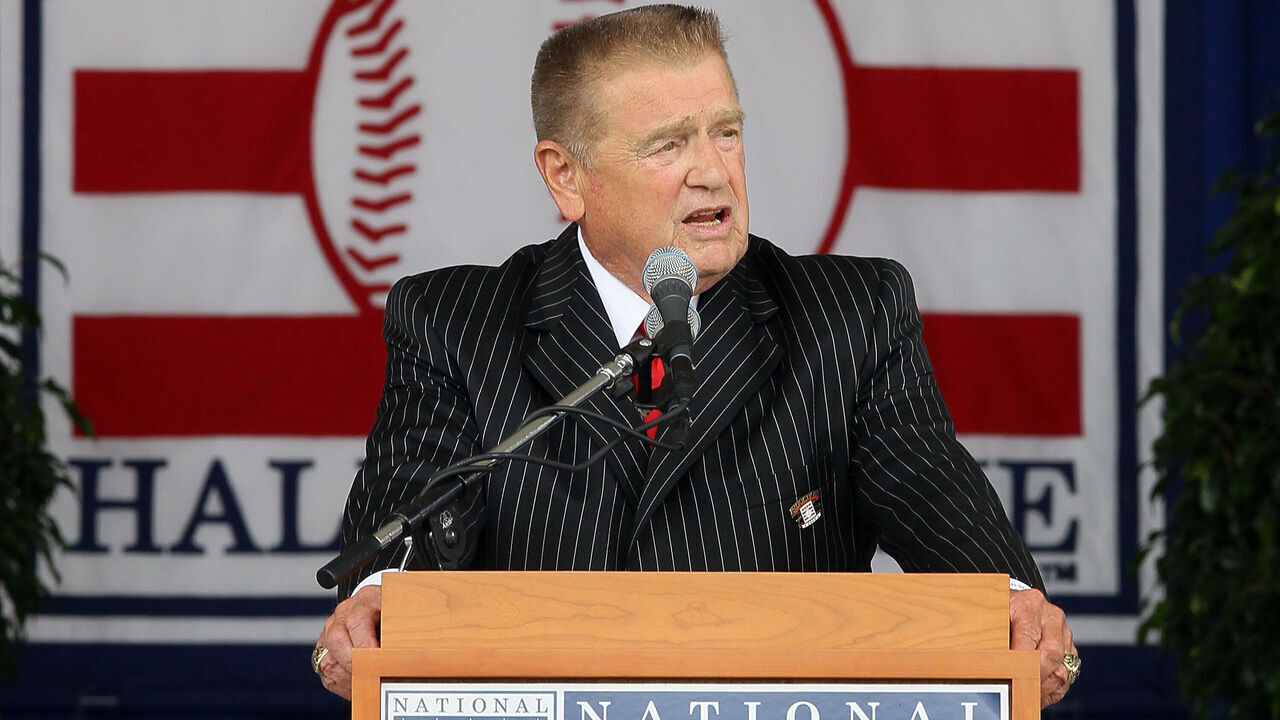 COOPERSTOWN, NY - JULY 25: 2010 inductee Whitey Herzog gives his speech at Clark Sports Center during the Baseball Hall of Fame induction ceremony on July 25, 20010 in Cooperstown, New York. Herzog served as manager for four teams and finished his career with 1,281 regular season victories as well as leading the St. Louis Cardinals to the 1982 World Series title.Herzog was also named 1985 National League manager of the year.