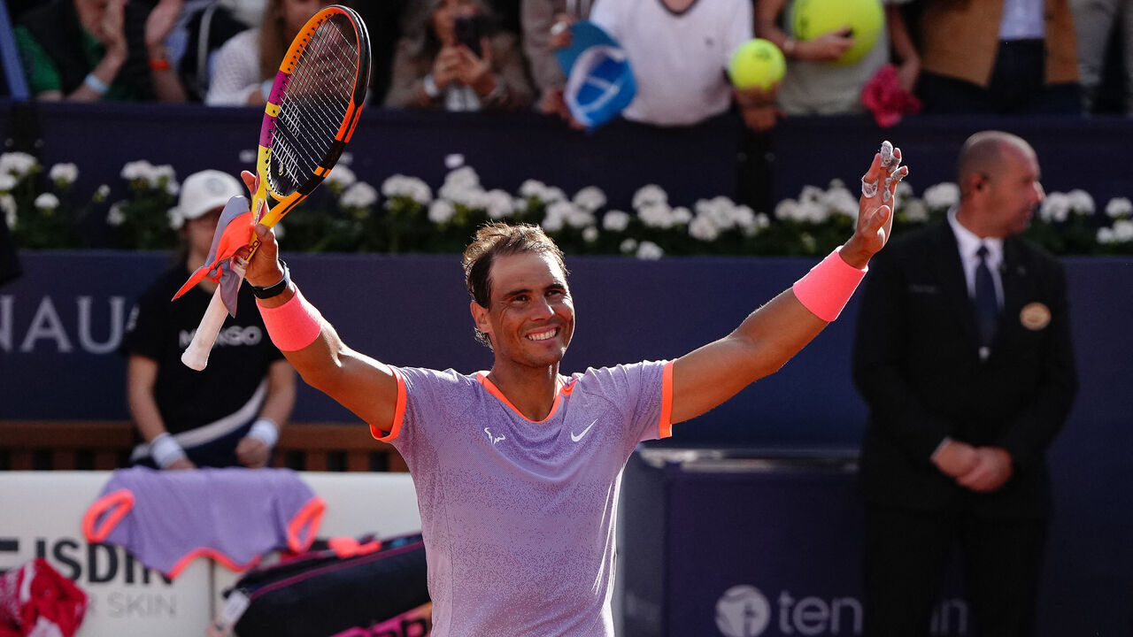 TOPSHOT - Spain's Rafael Nadal celebrates after beating Italy's Flavio Cobolli during the ATP Barcelona Open "Conde de Godo" tennis tournament singles match at the Real Club de Tenis in Barcelona, on April 16, 2024.