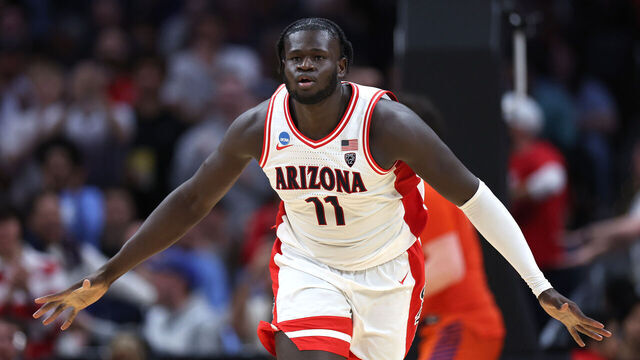 LOS ANGELES, CALIFORNIA - MARCH 28: Oumar Ballo #11 of the Arizona Wildcats celebrates in a game against the Clemson Tigers during the second half in the Sweet 16 round of the NCAA Men's Basketball Tournament at Crypto.com Arena on March 28, 2024 in Los Angeles, California.