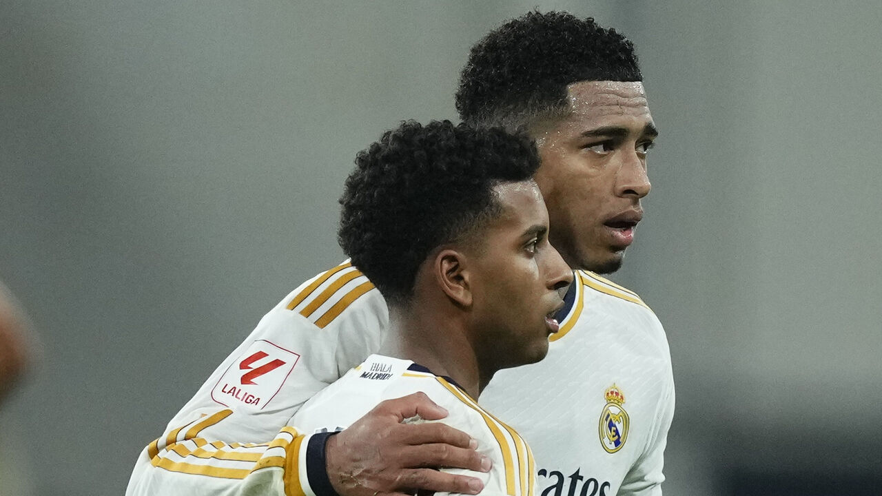 Jude Bellingham central midfield of Real Madrid and England and Rodrygo Goes right winger of Real Madrid and Brazil during the LaLiga EA Sports match between Cadiz CF and Real Madrid CF at Estadio Nuevo Mirandilla on November 26, 2023 in Cadiz, Spain.