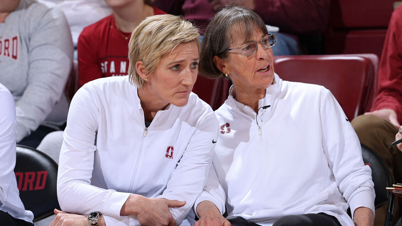 STANFORD, CA - JANUARY 21: Stanford Cardinal head coach Tara VanDerveer talks with Stanford Cardinal associate head coach Kate Paye during a game between Oregon State University and Stanford University at Maples Pavilion on January 21, 2024 in Stanford, California.