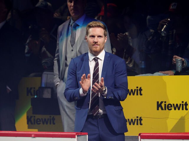 DENVER, COLORADO - OCTOBER 19: Gabriel Landeskog #92 of the Colorado Avalanche is introduced |p against the Chicago Blackhawks at Ball Arena on October 19, 2023 in Denver, Colorado.
