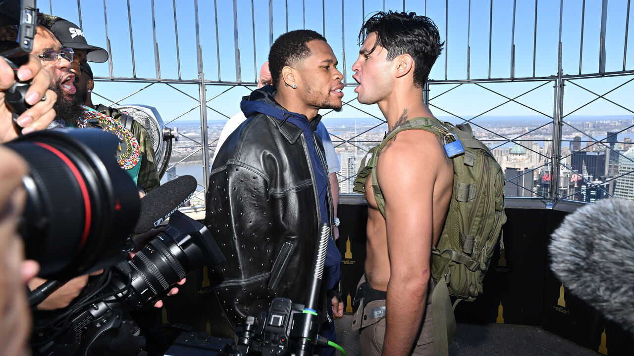 NEW YORK, NEW YORK - APRIL 16: (L-R) Devin Haney and Ryan Garcia face-off at The Empire State Building on April 16, 2024 in New York City.