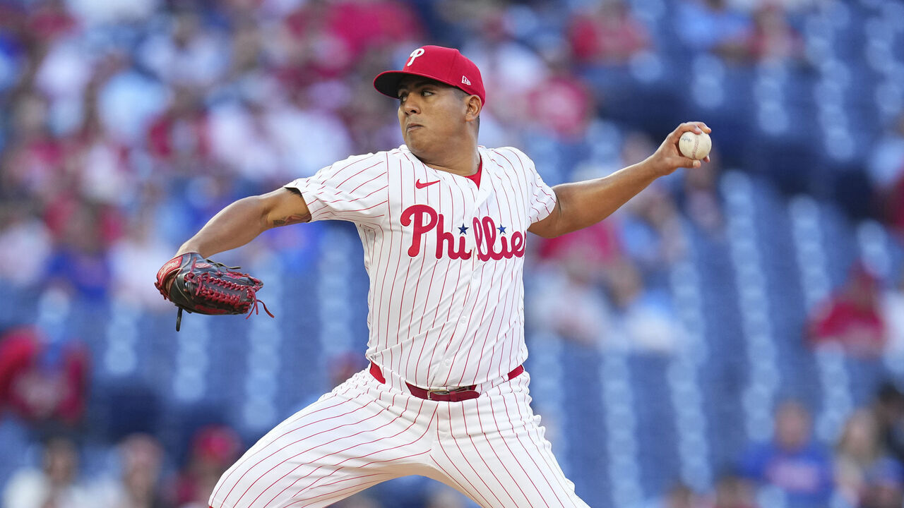 PHILADELPHIA, PENNSYLVANIA - APRIL 16: Ranger Suárez #55 of the Philadelphia Phillies throws a pitch in the top of the first inning against the Colorado Rockies at Citizens Bank Park on April 16, 2024 in Philadelphia, Pennsylvania.