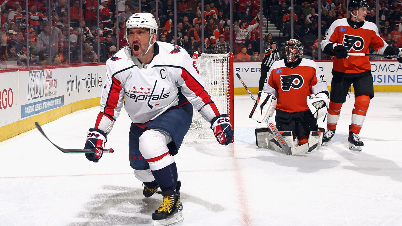PHILADELPHIA, PENNSYLVANIA - APRIL 16: Alex Ovechkin #8 of the Washington Capitals celebrates his goal against Samuel Ersson #33 of the Philadelphia Flyers at 18:08 of the first period at the Wells Fargo Center on April 16, 2024 in Philadelphia, Pennsylvania.
