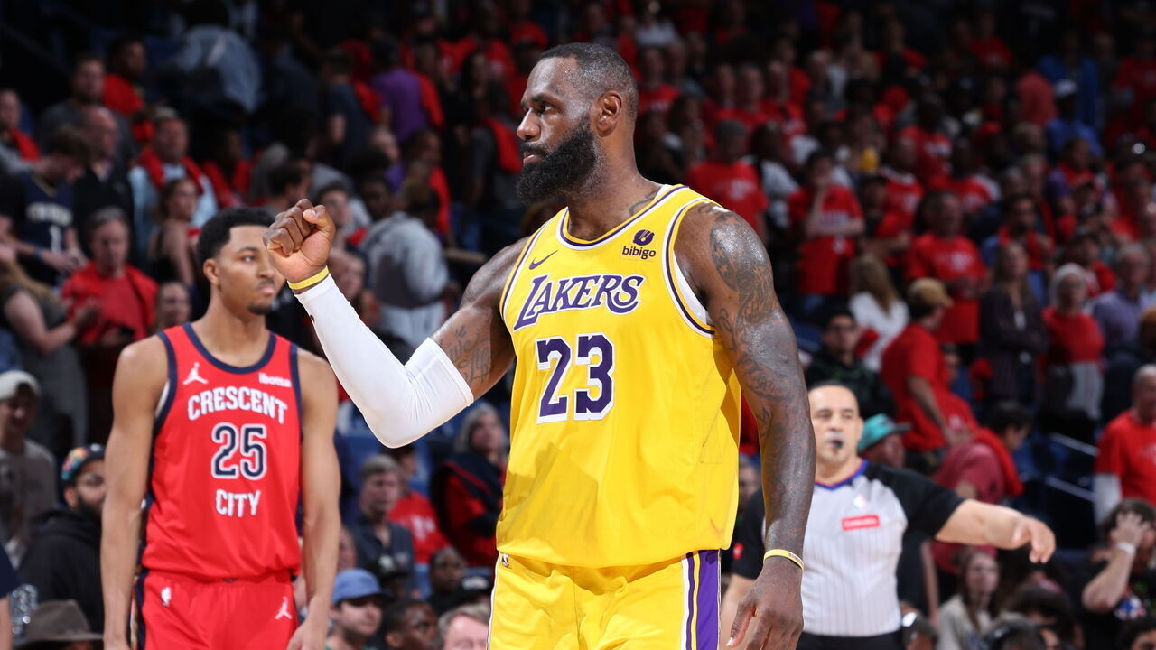 NEW ORLEANS, LA - APRIL 16: LeBron James #23 of the Los Angeles Lakers celebrates during the game against the New Orleans Pelicans during the 2024 Play-In Tournament on April 16, 2024 at the Smoothie King Center in New Orleans, Louisiana. Mandatory Copyright Notice: Copyright 2024 NBAE