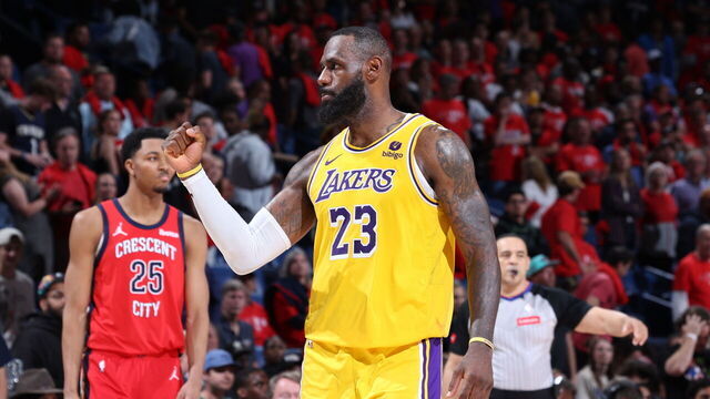 NEW ORLEANS, LA - APRIL 16: LeBron James #23 of the Los Angeles Lakers celebrates during the game against the New Orleans Pelicans during the 2024 Play-In Tournament on April 16, 2024 at the Smoothie King Center in New Orleans, Louisiana. Mandatory Copyright Notice: Copyright 2024 NBAE