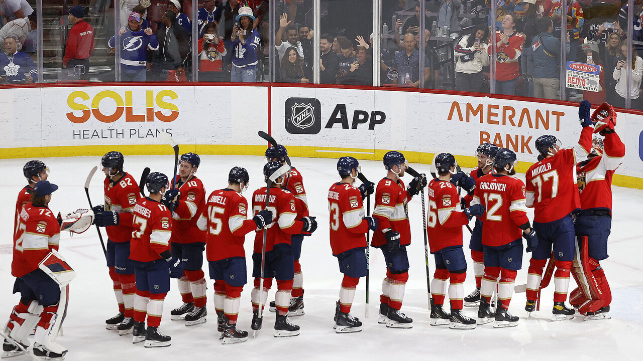 SUNRISE, FLORIDA - APRIL 16: The Florida Panthers celebrate their 5-2 win over theToronto Maple Leafs to clinch the Atlantic Division at the Amerant Bank Arena on April 16, 2024 in Sunrise, Florida.
