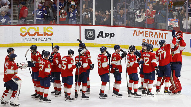 SUNRISE, FLORIDA - APRIL 16: The Florida Panthers celebrate their 5-2 win over theToronto Maple Leafs to clinch the Atlantic Division at the Amerant Bank Arena on April 16, 2024 in Sunrise, Florida.