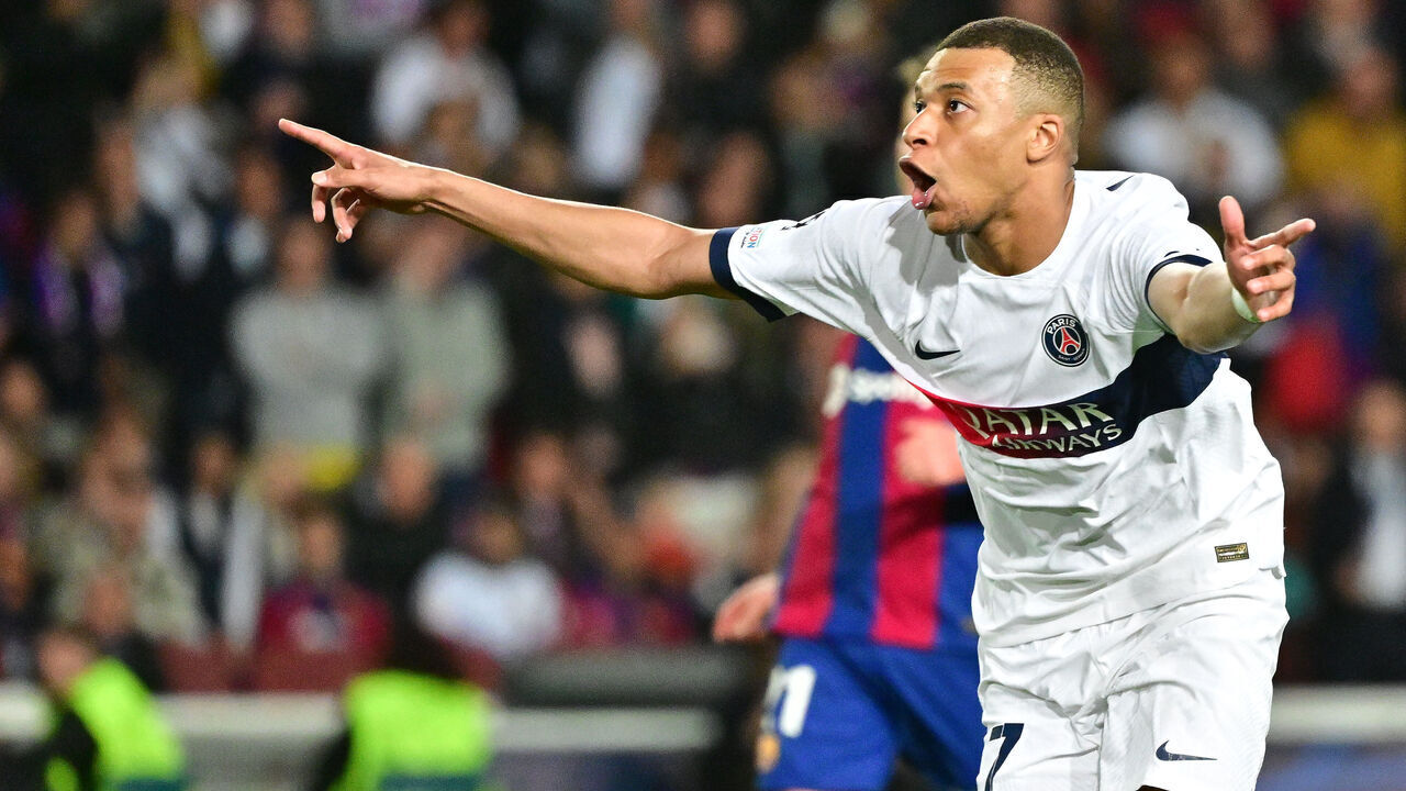 BARCELONA, SPAIN - APRIL 16 Kylian Mbappé of PSG celebrate goal during the UEFA Champions League quarter-final second leg match between FC Barcelona and Paris Saint-Germain at Estadi Olimpic Lluis Companys on April 16, 2024 in Barcelona, Spain.