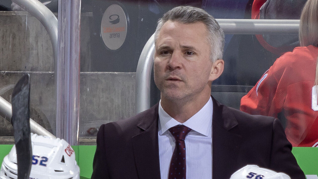 DETROIT, MI - APRIL 15: Head Coach Martin St-Louis of the Montreal Canadiens watches the action from the bench against the Detroit Red Wings during the third period at Little Caesars Arena on April 15, 2024 in Detroit, Michigan. Detroit defeated Montreal in O.T. 5-4.