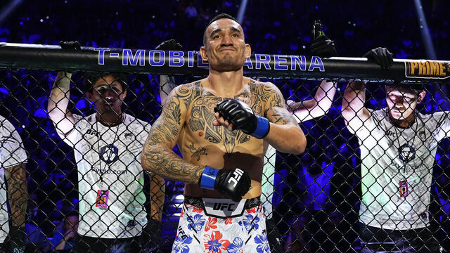 LAS VEGAS, NEVADA - APRIL 13: Max Holloway enters the Octagon in a lightweight fight during the UFC 300 event at T-Mobile Arena on April 13, 2024 in Las Vegas, Nevada.