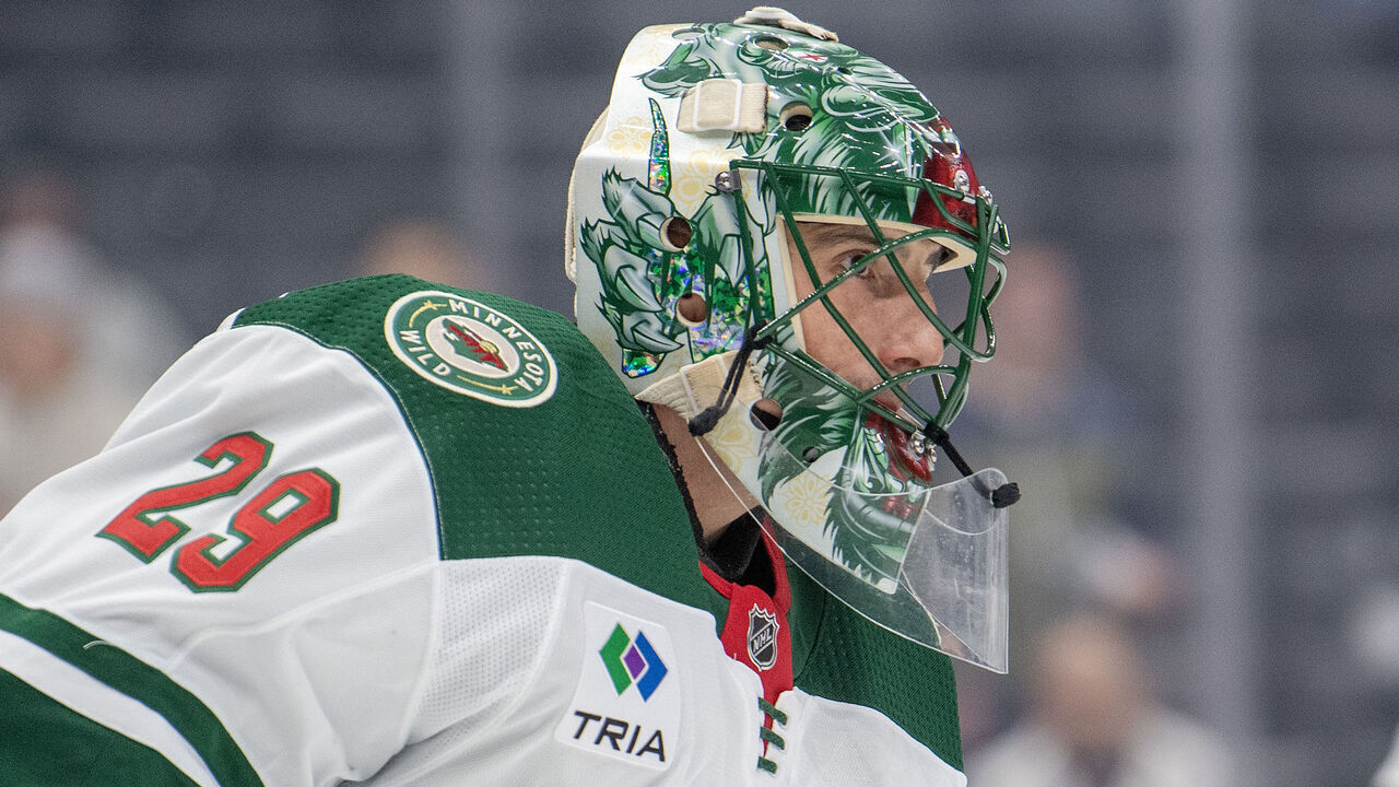 LOS ANGELES, CA - APRIL 15: Minnesota Wild Goalie Marc-Andre Fleury (29) skates in warm ups before a game between the Minnesota Wild and the Los Angeles Kings on April 15th, 2024 at the Crypto.com Arena in Los Angeles, CA.