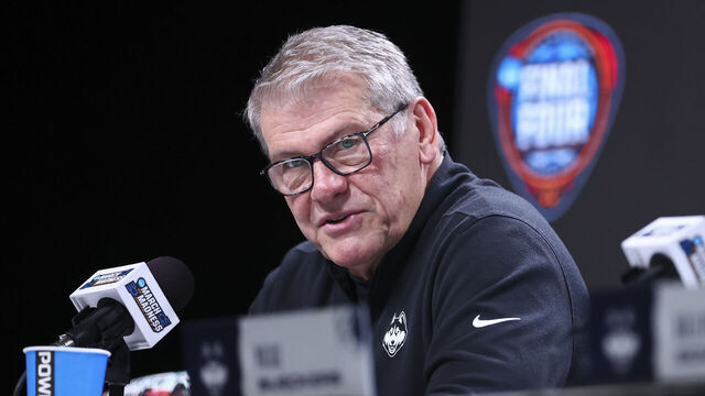 CLEVELAND, OHIO - APRIL 5: Head coach Geno Auriemma of the UConn Huskies speaks at the postgame press conference after the game against the Iowa Hawkeyes during the NCAA Women's Basketball Tournament Final Four semifinal game at Rocket Mortgage Fieldhouse on April 5, 2024 in Cleveland, Ohio.