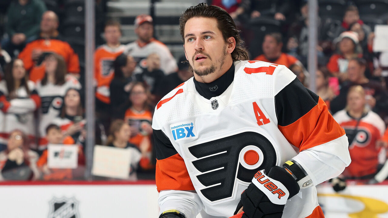 PHILADELPHIA, PENNSYLVANIA - APRIL 01: Travis Konecny #11 of the Philadelphia Flyers skates during warm-ups prior to his game against the New York Islanders at the Wells Fargo Center on April 1, 2024 in Philadelphia, Pennsylvania.