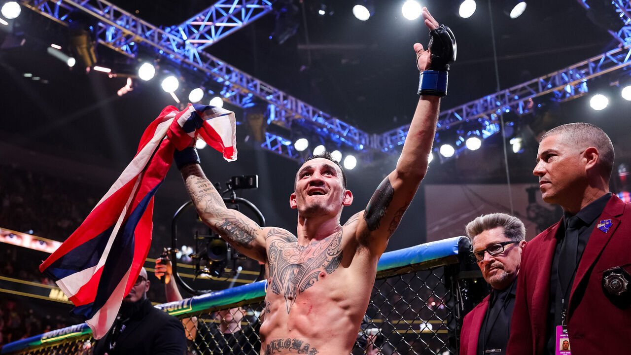LAS VEGAS, NEVADA - APRIL 13: Max Holloway reacts to defeating Justin Gaethje in their BMF title fight at T-Mobile Arena on April 13, 2024 in Las Vegas, Nevada.