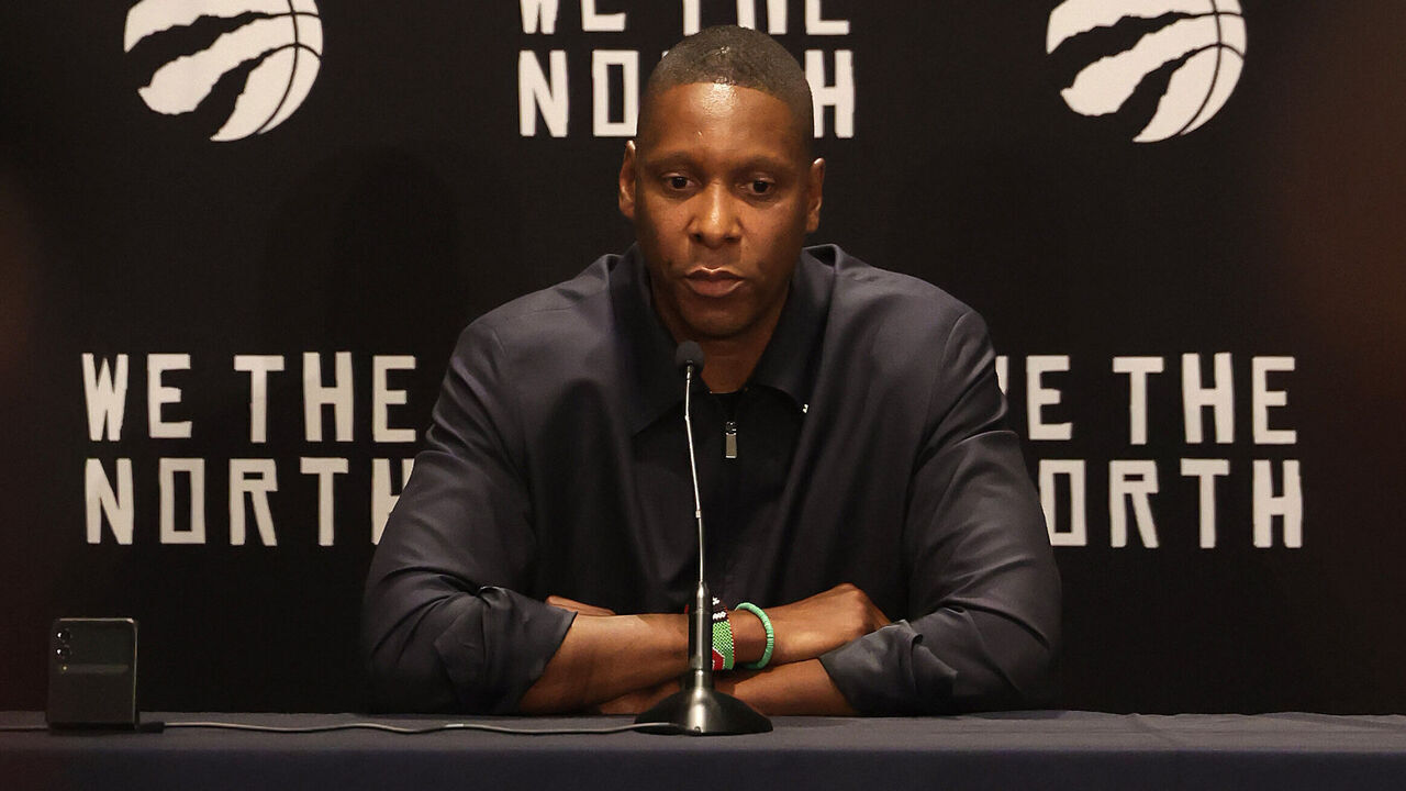TORONTO, ON- OCTOBER 2 - Toronto Raptors president Masai Ujiri takes questions as the Toronto Raptors hold their media day ahead of the 2023-24 season at Hilton Toronto in Toronto. October 2, 2023. (Steve Russell/Toronto Star via Getty Images)