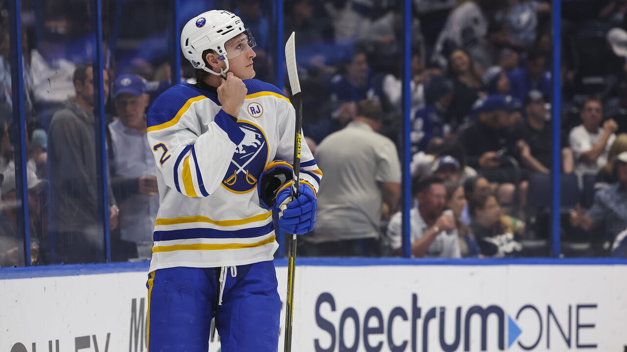 TAMPA, FL - APRIL 15: Tage Thompson #72 of the Buffalo Sabres against the Tampa Bay Lightning during the first period at Amalie Arena on April 15, 2024 in Tampa, Florida.