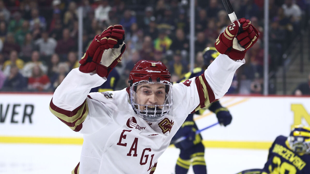 ST PAUL, MINNESOTA - APRIL 11: Ryan Leonard #9 of the Boston College Eagles celebrates a goal against the Michigan Wolverines in the first period during the Division I Men's Ice Hockey Semifinals held at Xcel Energy Center on April 11, 2024 in St Paul, Minnesota.