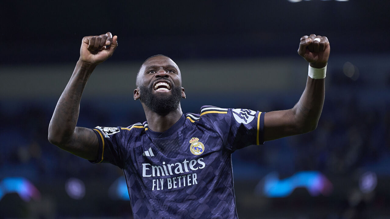 MANCHESTER, ENGLAND - APRIL 17: Antonio Rudiger of Real Madrid celebrates victory after the UEFA Champions League quarter-final second leg match between Manchester City and Real Madrid CF at Etihad Stadium on April 17, 2024 in Manchester, England.