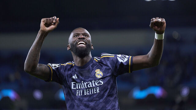 MANCHESTER, ENGLAND - APRIL 17: Antonio Rudiger of Real Madrid celebrates victory after the UEFA Champions League quarter-final second leg match between Manchester City and Real Madrid CF at Etihad Stadium on April 17, 2024 in Manchester, England.