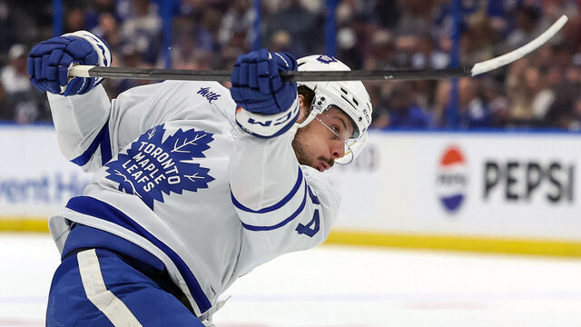 TAMPA, FL - APRIL 17: Auston Matthews #34 of the Toronto Maple Leafs shoots against the Tampa Bay Lightning during the first period at the Amalie Arena on April 17, 2024 in Tampa, Florida.