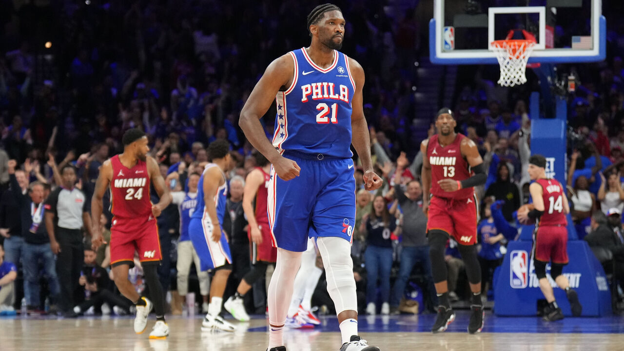 PHILADELPHIA, PA - APRIL 17: Joel Embiid #21 of the Philadelphia 76ers celebrates during the game against the Miami Heat during the 2024 NBA Play-In Tournament on April 17, 2024 at the Wells Fargo Center in Philadelphia, Pennsylvania NOTE TO USER: User expressly acknowledges and agrees that, by downloading and/or using this Photograph, user is consenting to the terms and conditions of the Getty Images License Agreement. Mandatory Copyright Notice: Copyright 2024 NBAE