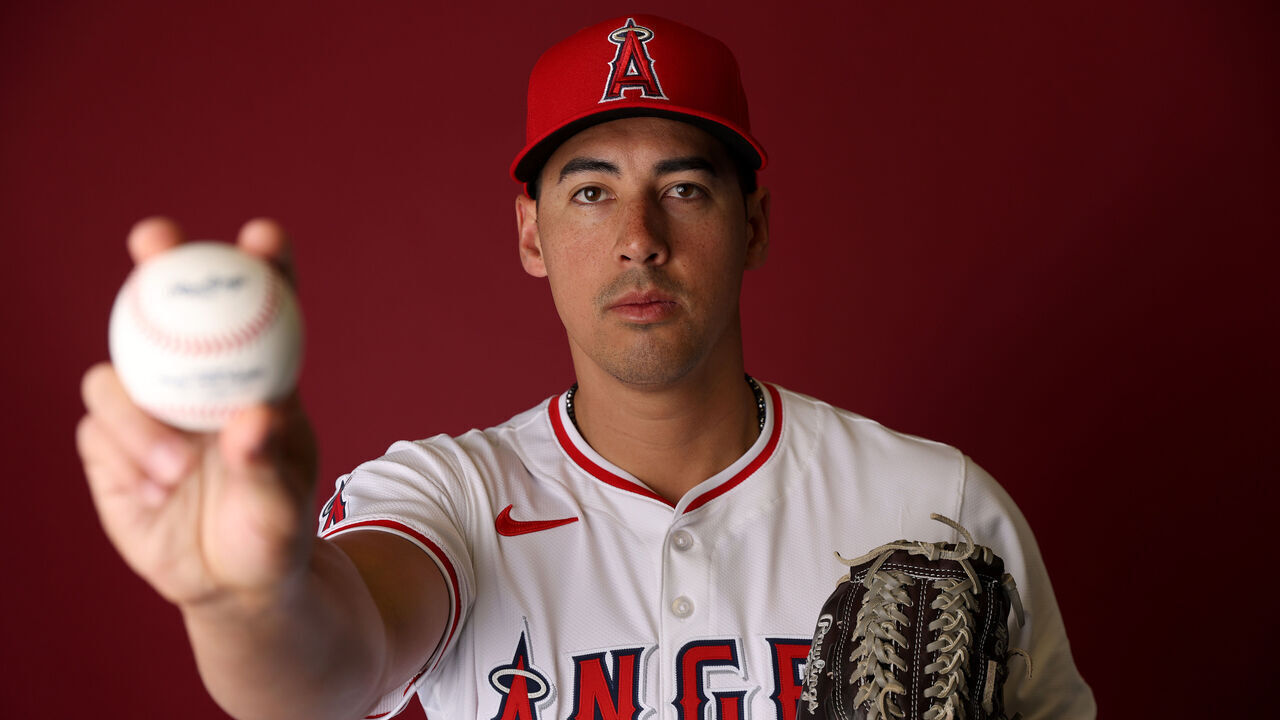 TEMPE, ARIZONA - FEBRUARY 21: Robert Stephenson #24 of the Los Angeles Angels poses for a portrait during photo day at Tempe Diablo Stadium on February 21, 2024 in Tempe, Arizona.