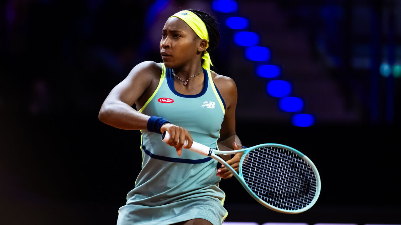 STUTTGART, GERMANY - APRIL 17: Coco Gauff of the United States in action against Sachia Vickery of the United States in the second round on Day Three of the Porsche Tennis Grand Prix Stuttgart 2024 at Porsche Arena on April 17, 2024 in Stuttgart, Germany