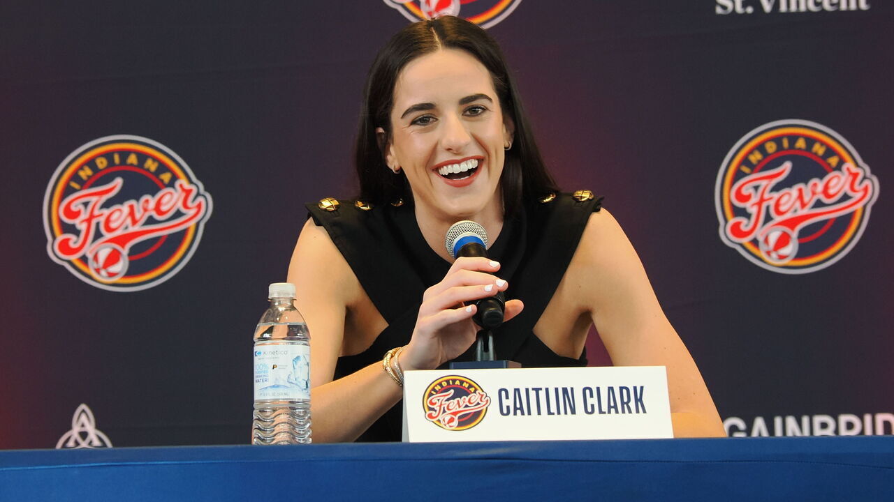 INDIANAPOLIS, IN - APRIL 17: Caitlin Clark of the Indiana Fever talks to the media during an introductory press conference on April 17, 2024 at Gainbridge Fieldhouse in Indianapolis, Indiana. Mandatory Copyright Notice: Copyright 2024 NBAE