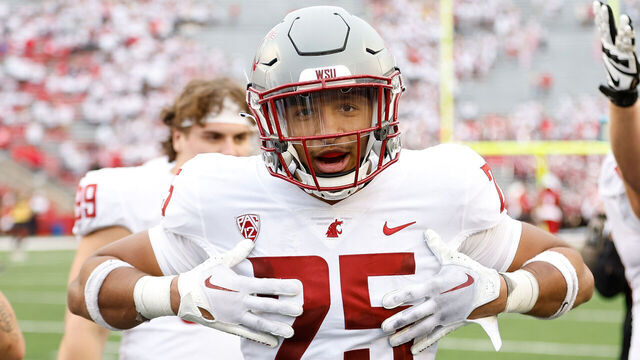 MADISON, WISCONSIN - SEPTEMBER 10: Jaden Hicks #25 of the Washington State Cougars celebrates a win over the Wisconsin Badgers at Camp Randall Stadium on September 10, 2022 in Madison, Wisconsin.