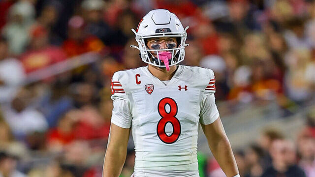 LOS ANGELES, CA - OCTOBER 21: Utah Utes safety Cole Bishop (8) lines up during a college football game between the Utah Utes against the USC Trojans on October 21, 2023, at United Airlines Field at The Los Angeles Memorial Coliseum in Los Angeles, CA.