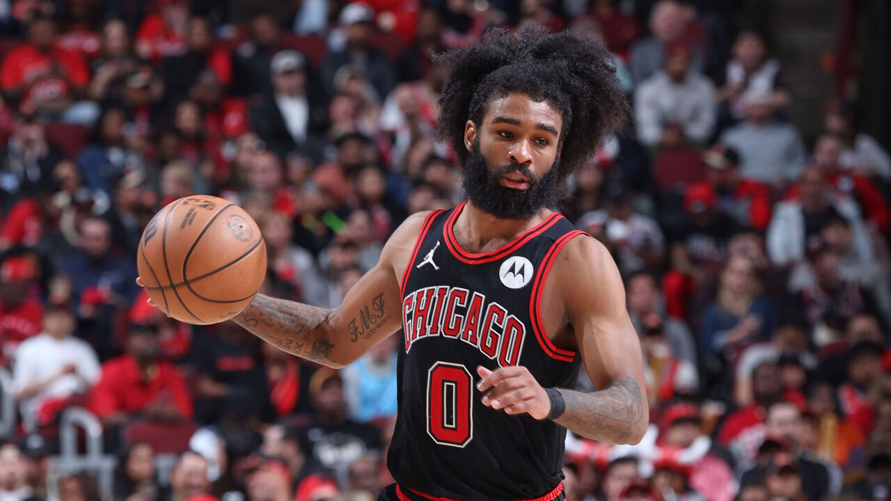 CHICAGO, IL - APRIL 17: Coby White #0 of the Chicago Bulls handles the ball during the game against the Atlanta Hawks during the 2024 Play-In Tournament on April 17, 2024 at United Center in Chicago, Illinois. Mandatory Copyright Notice: Copyright 2024 NBAE