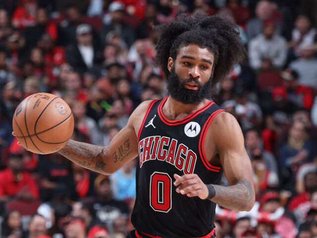 CHICAGO, IL - APRIL 17: Coby White #0 of the Chicago Bulls handles the ball during the game against the Atlanta Hawks during the 2024 Play-In Tournament on April 17, 2024 at United Center in Chicago, Illinois. Mandatory Copyright Notice: Copyright 2024 NBAE