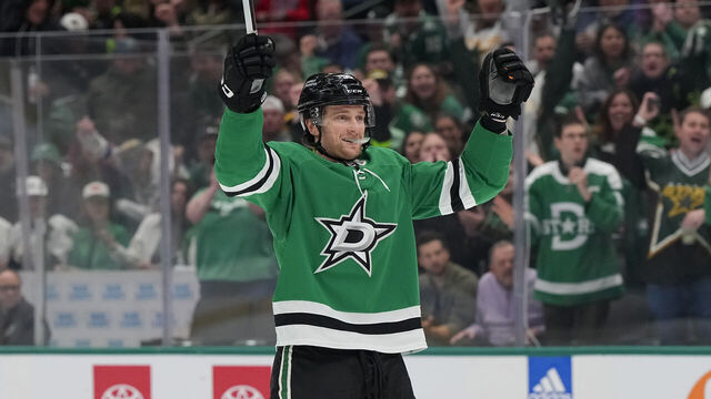 DALLAS, TEXAS - MARCH 16: Thomas Harley #55 of the Dallas Stars celebrates his first period goal against the Los Angeles Kings at American Airlines Center on March 16, 2024 in Dallas, Texas.