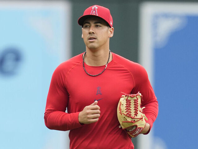 BALTIMORE, MARYLAND - MARCH 30: Robert Stephenson #24 of Los Angeles Angels looks on during batting practice prior to a baseball game against the Baltimore Orioles at Oriole Park at Camden Yards on March 30, 2024 in Baltimore, Maryland.