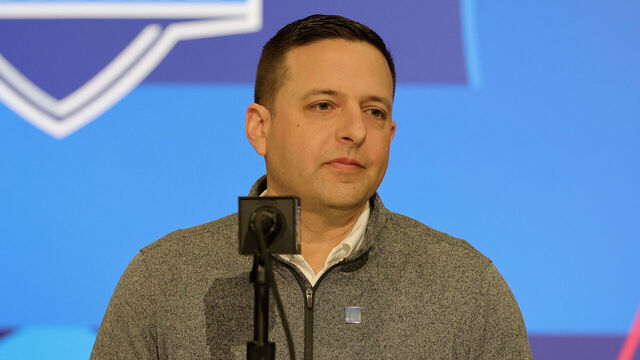INDIANAPOLIS, INDIANA - FEBRUARY 27: Director of scouting Eliot Wolf of the New England Patriots speaks to the media during the NFL Combine at the Indiana Convention Center on February 27, 2024 in Indianapolis, Indiana.