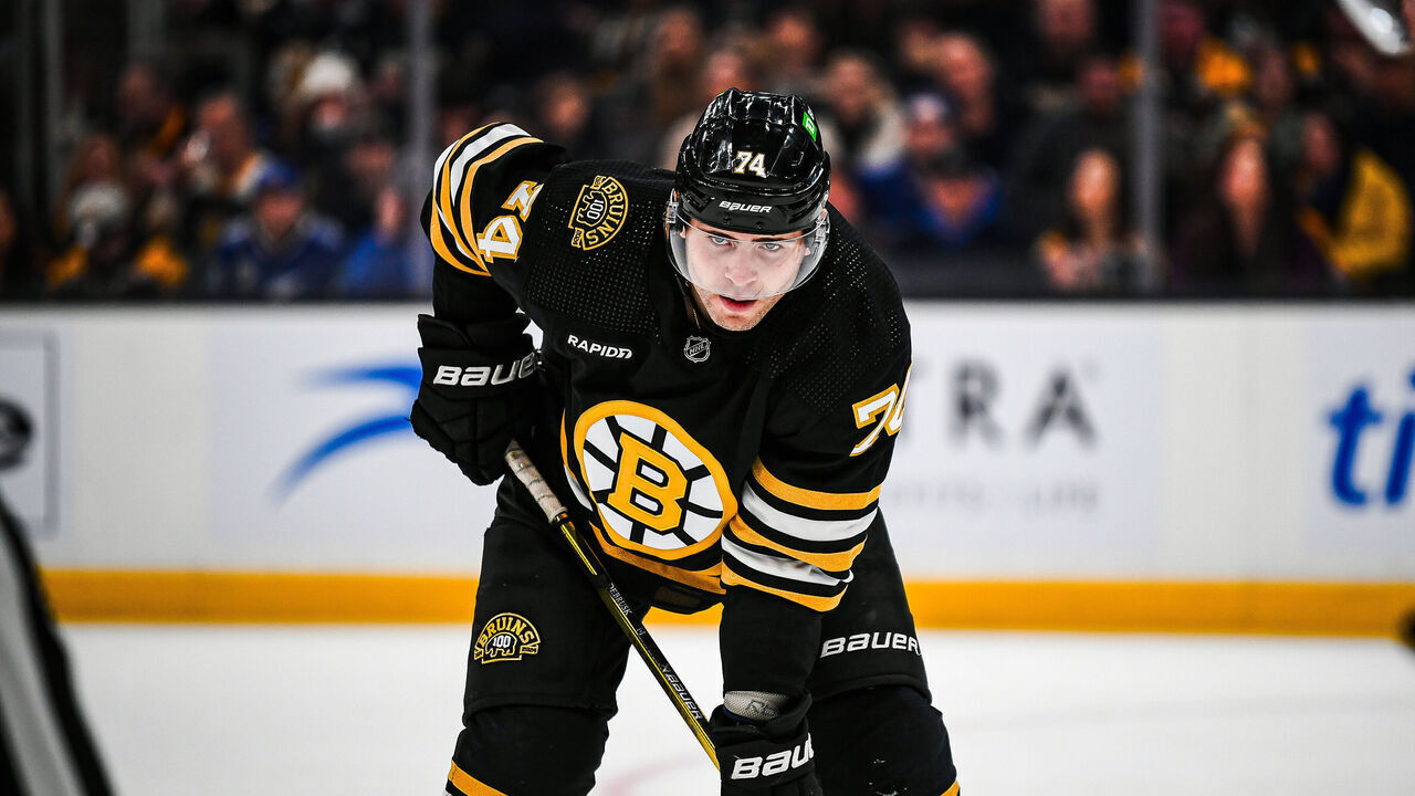 BOSTON, MASSACHUSETTS - FEBRUARY 13: Jake DeBrusk #74 of the Boston Bruins waits for a face-off during the third period against the Tampa Bay Lightning at TD Garden on February 13, 2024 in Boston, Massachusetts.