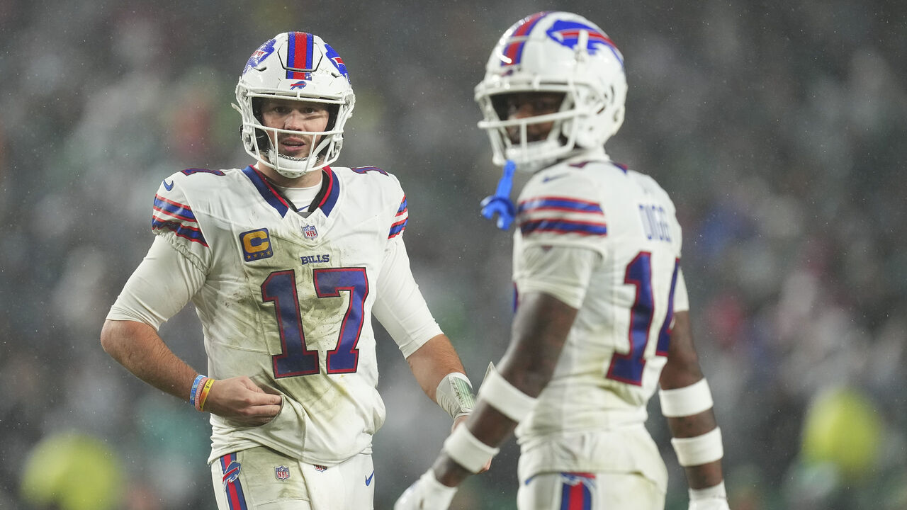 PHILADELPHIA, PENNSYLVANIA - NOVEMBER 26: Josh Allen #17 and Stefon Diggs #14 of the Buffalo Bills look on against the Philadelphia Eagles at Lincoln Financial Field on November 26, 2023 in Philadelphia, Pennsylvania.
