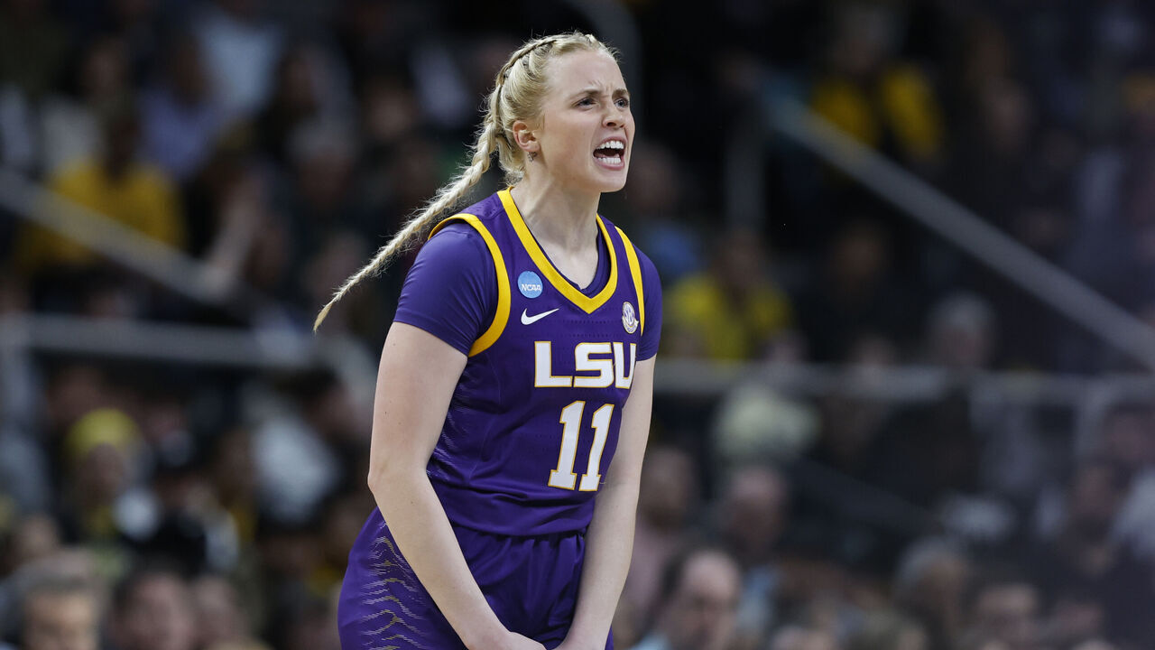 ALBANY, NEW YORK - APRIL 01: Hailey Van Lith #11 of the LSU Tigers reacts during the first half against the Iowa Hawkeyes in the Elite 8 round of the NCAA Women's Basketball Tournament at MVP Arena on April 01, 2024 in Albany, New York.