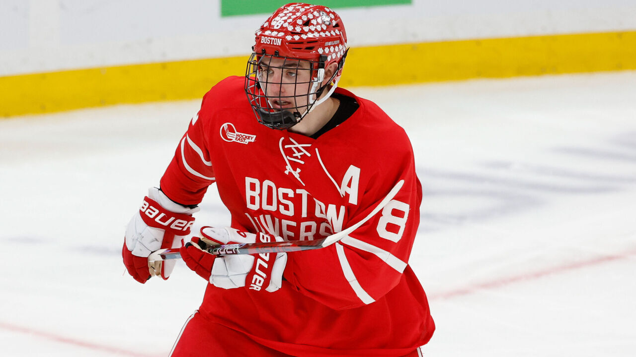 BOSTON, MASSACHUSETTS - MARCH 23: Cade Webber #8 of the Boston University Terriers skates against the Boston College Eagles during the first period during the Hockey East Championship final at TD Garden on March 23, 2024 in Boston, Massachusetts. The Eagles won 6-2 and captured their first Hockey East title in twelve years.